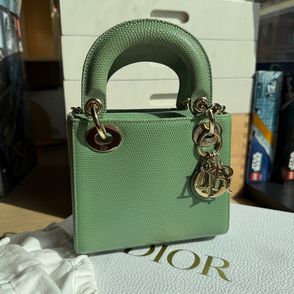 Christian DIOR mini LADY DIOR LIZARD LIGHT GREEN light gold hardware box dustbag